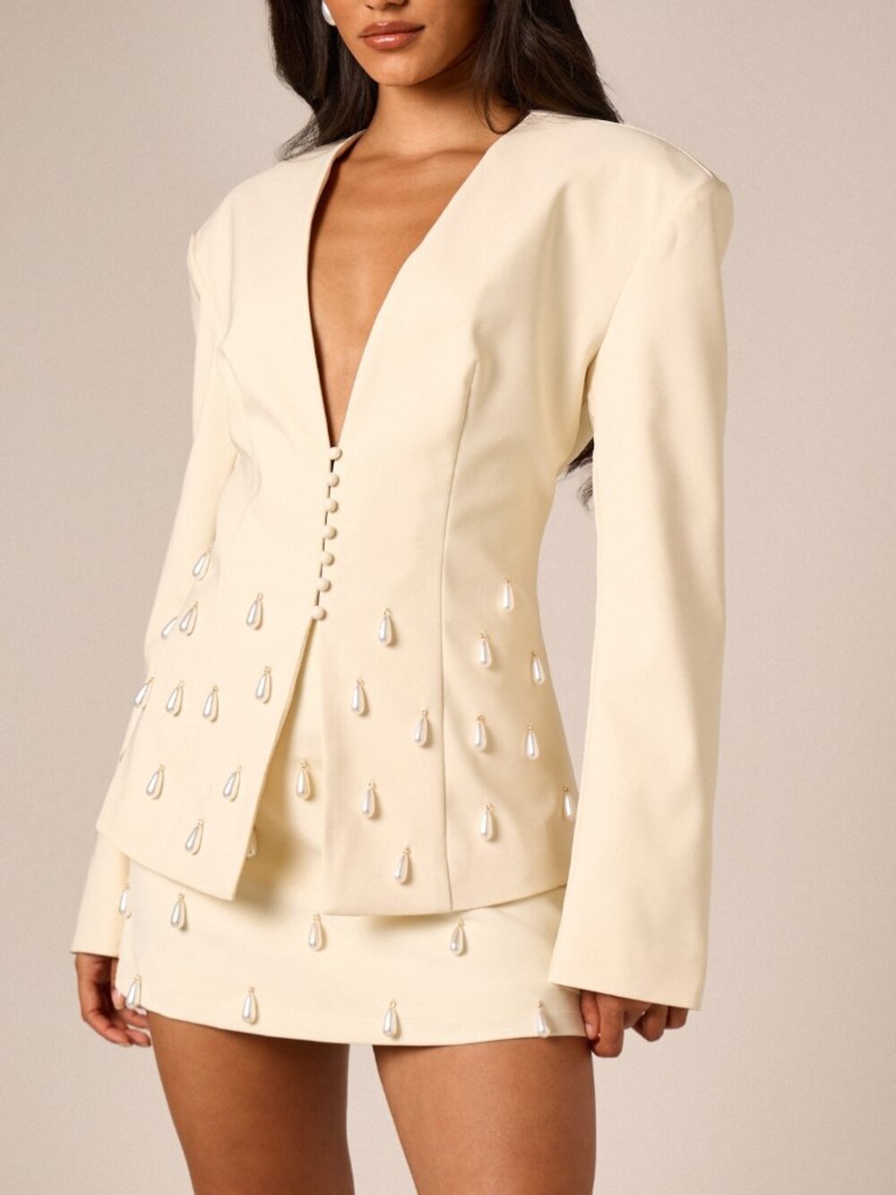 Beige Elegant Women's Pearl Drop Blazer with Deep V-Neck and Long Sleeve